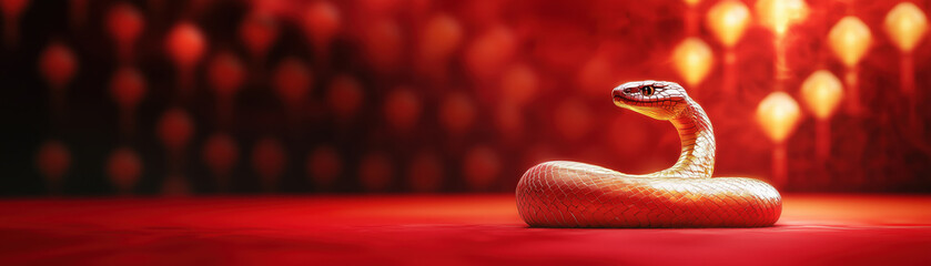 Fototapeta premium golden snake coiled on red surface, illuminated by warm lights, creates captivating atmosphere