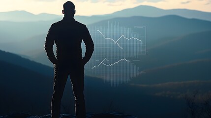 man's silhouette against a mountain range, overlaid with a graph, symbolizing overcoming investment challenges and achieving long-term goals. [men's]:[investment tips] 