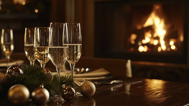 Festive Champagne Toast by Fireplace  Cozy Winter Holiday Celebration