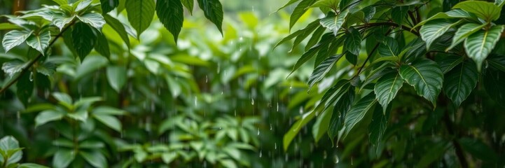 Obraz premium Heavy rain falling in lush forest setting, surrounded by vibrant green leaves, creating a serene and natural atmosphere, rain, leaves, natural