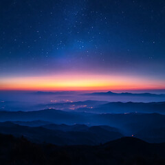 Fototapeta premium Breathtaking Night Sky Over Misty Mountains with Starry Display and Dawn Light Creating a Magical Horizon Scene Ideal for Nature and Landscape Photography