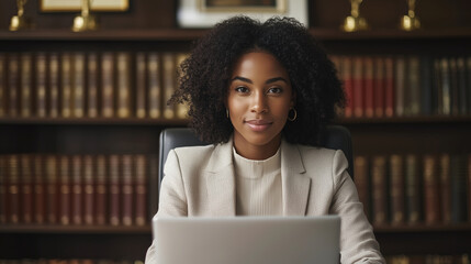 A businesswoman in a modern law office, reviewing documents on her laptop. The background showcases framed awards and bookshelves filled with legal volumes, adding to the sophistic