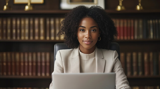 A businesswoman in a modern law office, reviewing documents on her laptop. The background showcases framed awards and bookshelves filled with legal volumes, adding to the sophistic