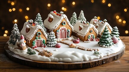 Obraz premium A whimsical Gingerbread House cake featuring intricate icing details, colorful candy roofs, and frosted sugar snow, surrounded by edible trees and festive ornaments,