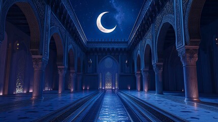Obraz premium Ramadan Kareem background with copy-space. Crescent moon at a top of a mosque. Islamic greeting Eid Mubarak cards for Muslim Holidays. with large Copy space. 