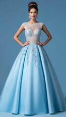Fototapeta premium Embellished ball gown lace bodice light blue background 