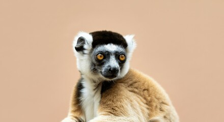 Obraz premium Curious lemur with golden eyes on neutral background for wildlife and nature themes