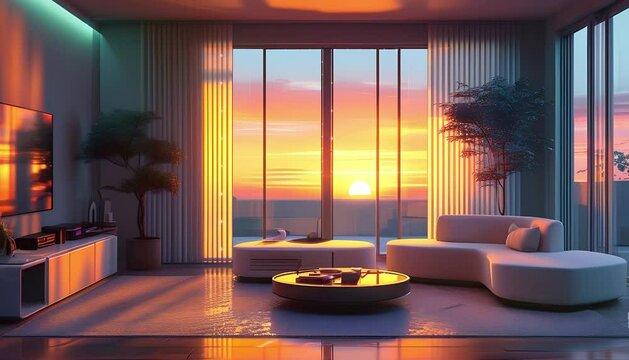 Animated virtual backgrounds, modern living room futuristic furniture. Bedroom sofa window vtuber asset twitch overlay zoom OBS, anime chill hip hop. Cyan purple colours manga style