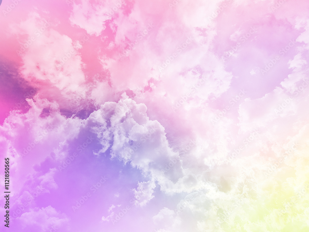 Wall mural beauty sweet pastel yellow and red colorful with fluffy clouds on sky. multi color rainbow image. ab