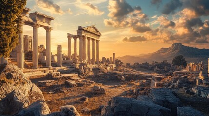 Obraz premium Sunset over ancient Greek ruins, columns, mountains.
