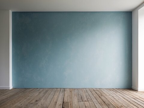 Empty Room with Textured Blue Wall and Wood Floor.