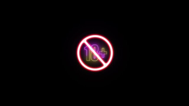 Glowing neon effect 18+ not allowed icon. No under 18 sign icon animation.