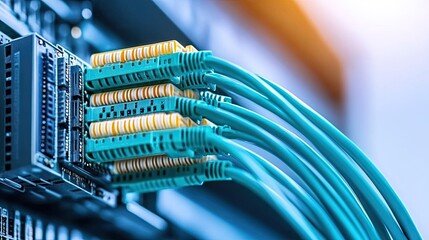 Close-up view of a network switch with multiple data cables connected in a contemporary office environment. The blue background enhances the sharp details, showcasing advanced technology