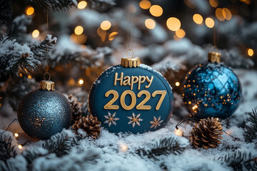 Celebratory decorations with festive ornaments and snow for the new year 2027
