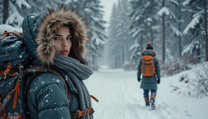 Fototapeta premium Snowy forest trails a winter hiking experience