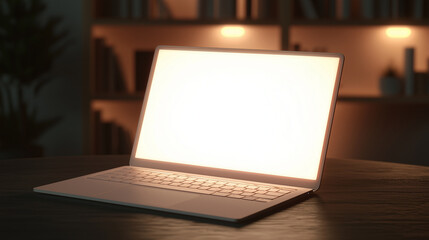 A silver laptop with a glowing white screen is open on a dark wooden table. The background features a blurred bookshelf with warm lighting, adding depth and character to the scene.