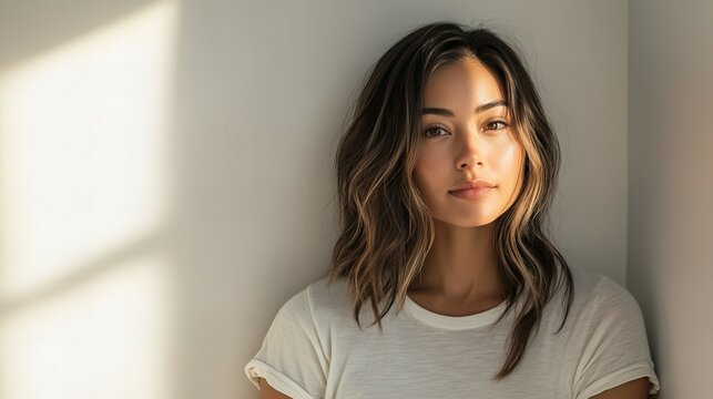 A beautiful woman 22 years old in a casual t-shirt stands to the right, with soft natural light casting gentle shadows on her face, against a clean, neutral background. 