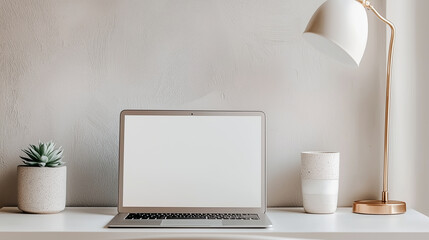 Fototapeta premium A modern silver laptop with a white screen stands on a minimalist desk. The scene is complemented by an elegant desk lamp and a potted succulent, creating a clean and organized loo