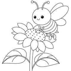 Cute kawaii cartoon character bee on a sunflower coloring page, vector printable worksheets for preschool.