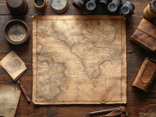 an antique map of the world on a wooden table, surrounded by vintage items such as a pair of binoculars, a compass, a leather-bound journal