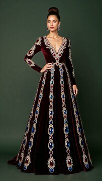 Long velvet gown adorned with topaz sapphire and ruby stones green background 