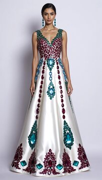 Floor length silk gown decorated with emerald ruby and aquamarine gemstones white background 