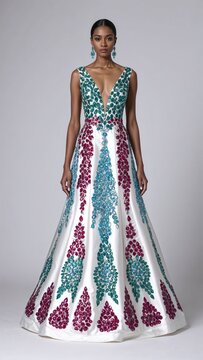 Floor length silk gown decorated with emerald ruby and aquamarine gemstones white background 