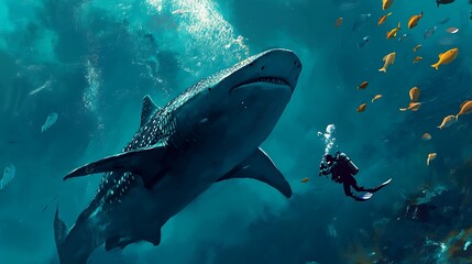 Fototapeta premium Whale Shark And Diver Underwater Scene