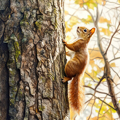 Obraz premium A curious red squirrel peeks behind a tree trunk
