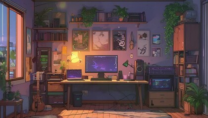 Animated virtual backgrounds, cyberpunk inspired modern gaming room vtuber asset twitch overlay zoom OBS, anime chill hip hop. Cyan purple colours manga style