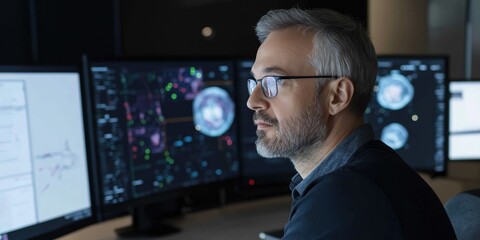 A man in glasses is looking at a computer monitor with three screens. He is focused on the screen in front of him