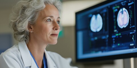 A woman is looking at a computer monitor that displays a brain scan. She is wearing a white lab coat and a blue shirt
