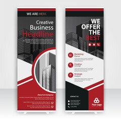 Modern design of annual report display stands showcasing professional graphics in an office environment with red color