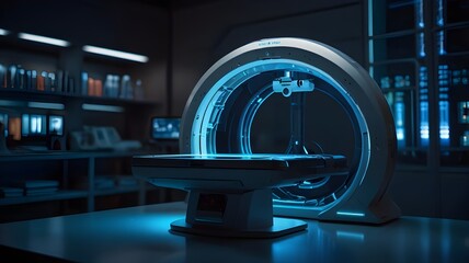 A futuristic medical scanner glowing with blue light in a lab setting.