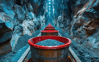 Rows of coal carts stand inside a rocky mining tunnel illuminated by bluish light, showcasing the mining process