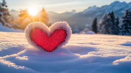 Fototapeta premium A heart shape drawn in the snow surrounded by sparkling crystals and mountains.