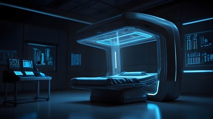 A futuristic medical scanner glowing with blue light in a lab setting.