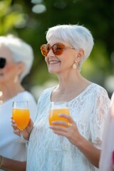 Fototapeta premium A woman wearing sunglasses and holding a glass of orange juice. She is smiling and she is enjoying herself