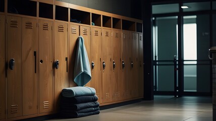modern gym locker with neatly folded workout clothes and a towel