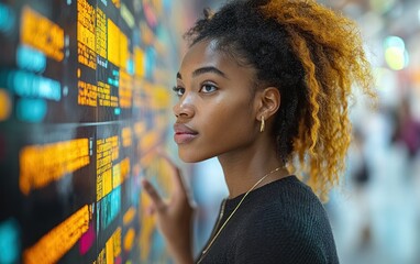 A thoughtful young woman explores a vibrant data display, lost in ideas amid a busy cityscape