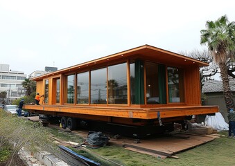 Obraz premium Builders swiftly assemble modular homes at a construction site, highlighting teamwork and efficiency during the day