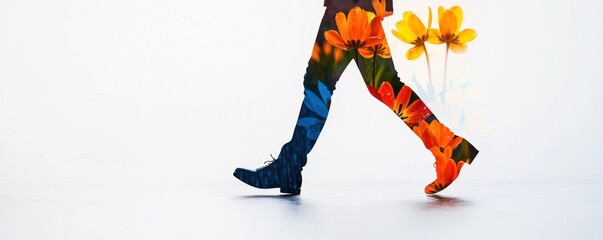 Abstract seasonal double exposure with human silhouette concept. Colorful floral pattern on legs walking with flowers in hand