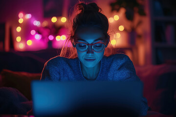 A young woman wearing glasses sits at a laptop in a dark room. Her face is illuminated by the light of the laptop screen.