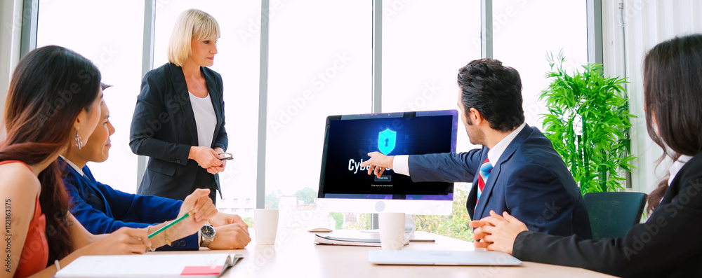 Poster cyber security system on computer screen protect private information snugly from hacker and cyber at