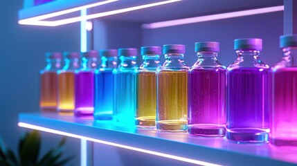 Colorful vials on a shelf, showcasing a range of vibrant liquids under neon lighting, perfect for scientific themes.