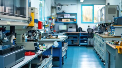 A repair shop specializing in office equipment, with various machines and tools visible