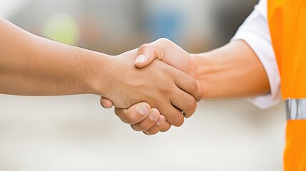 Two Asian construction workers shake hands in a moment of collaboration. The background features a construction site, showcasing teamwork and professional relationships in the daylight
