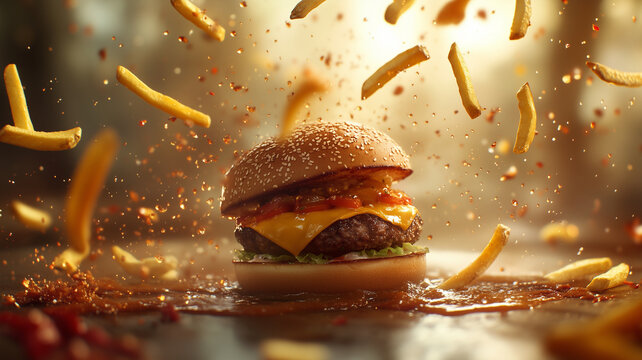 dramatic action packed shot of burger with cheese, lettuce, and sauce, surrounded by flying fries and splashes of sauce, creating appetizing scene