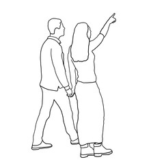  The woman points to something to the man. Drawn by hand