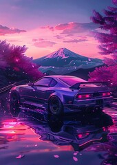 Purple Sports Car Mount Fuji Cherry Blossoms Sunset